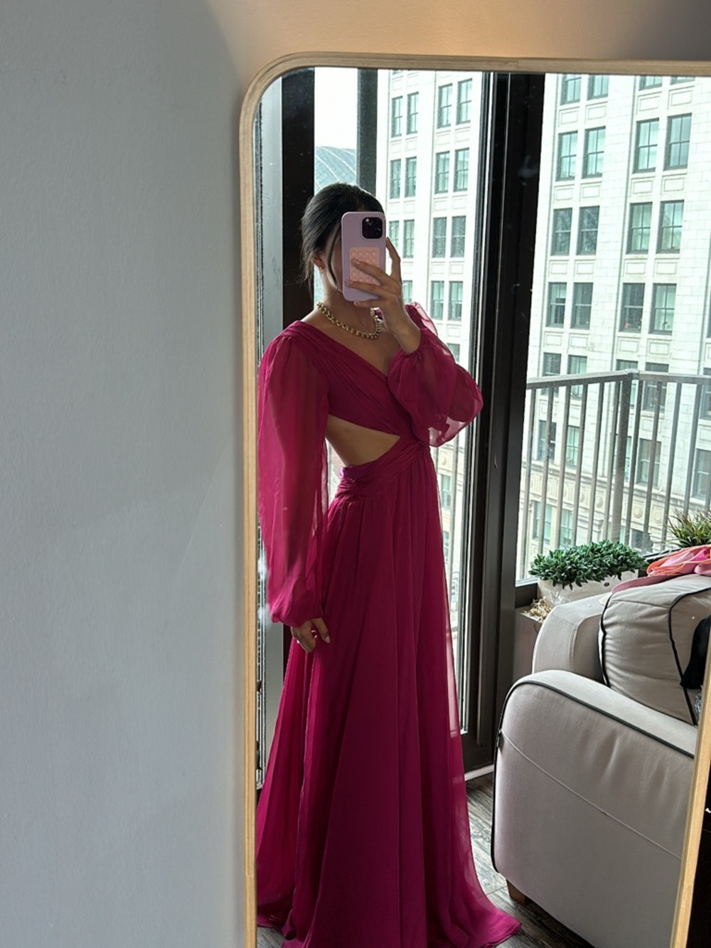 Ieena for Mac Duggal Pink Long Sleeve Chiffon Dress - Picture 2 of 5